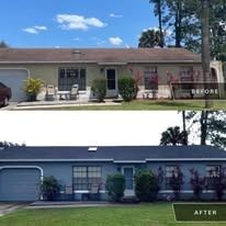 Before-and-after photo of a house exterior showing a transition from a tan stucco finish to a dark gray painted finish.
