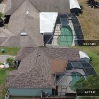 Before and after aerial photos of a house roof, showing a clean, refreshed shingle roof following professional cleaning.