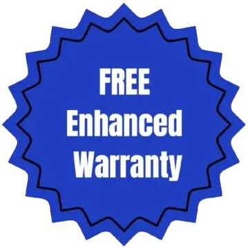 Badge with white text: