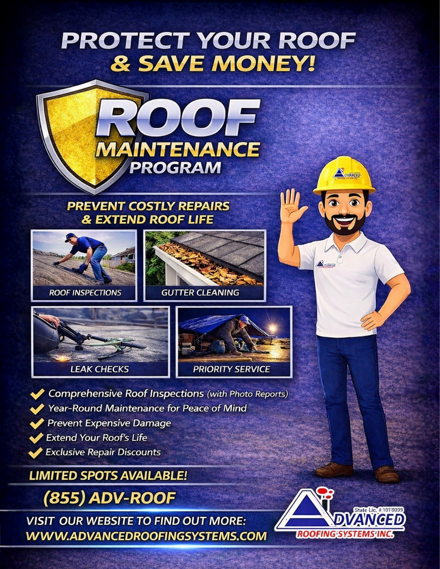 Roof maintenance flyer featuring a cartoon worker and a list of services, with contact details for Advanced Roofing Systems.