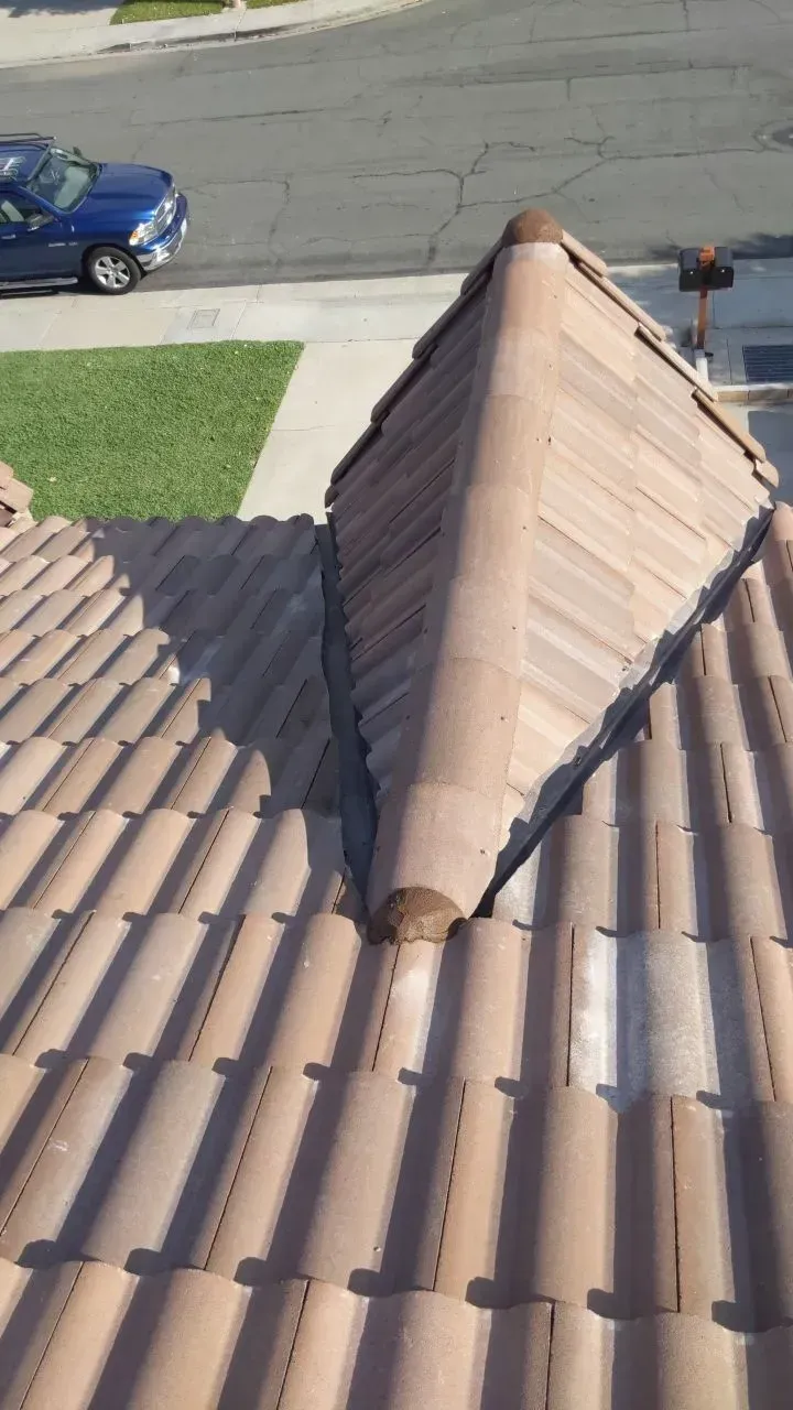 Clay tile roof, tan color, with a raised central point. Cars and grass in the background.