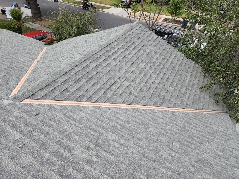 Gray shingled roof with a peak; trees and street in the background.