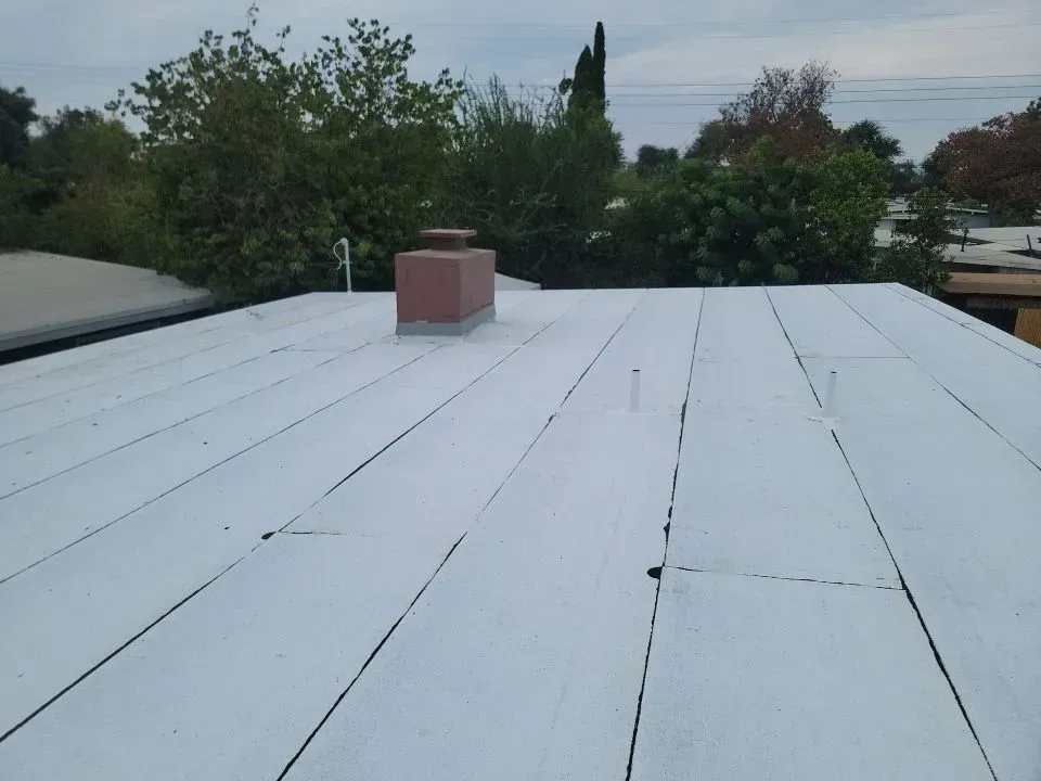Flat white roof with a brick chimney and surrounding trees. Cloudy sky.