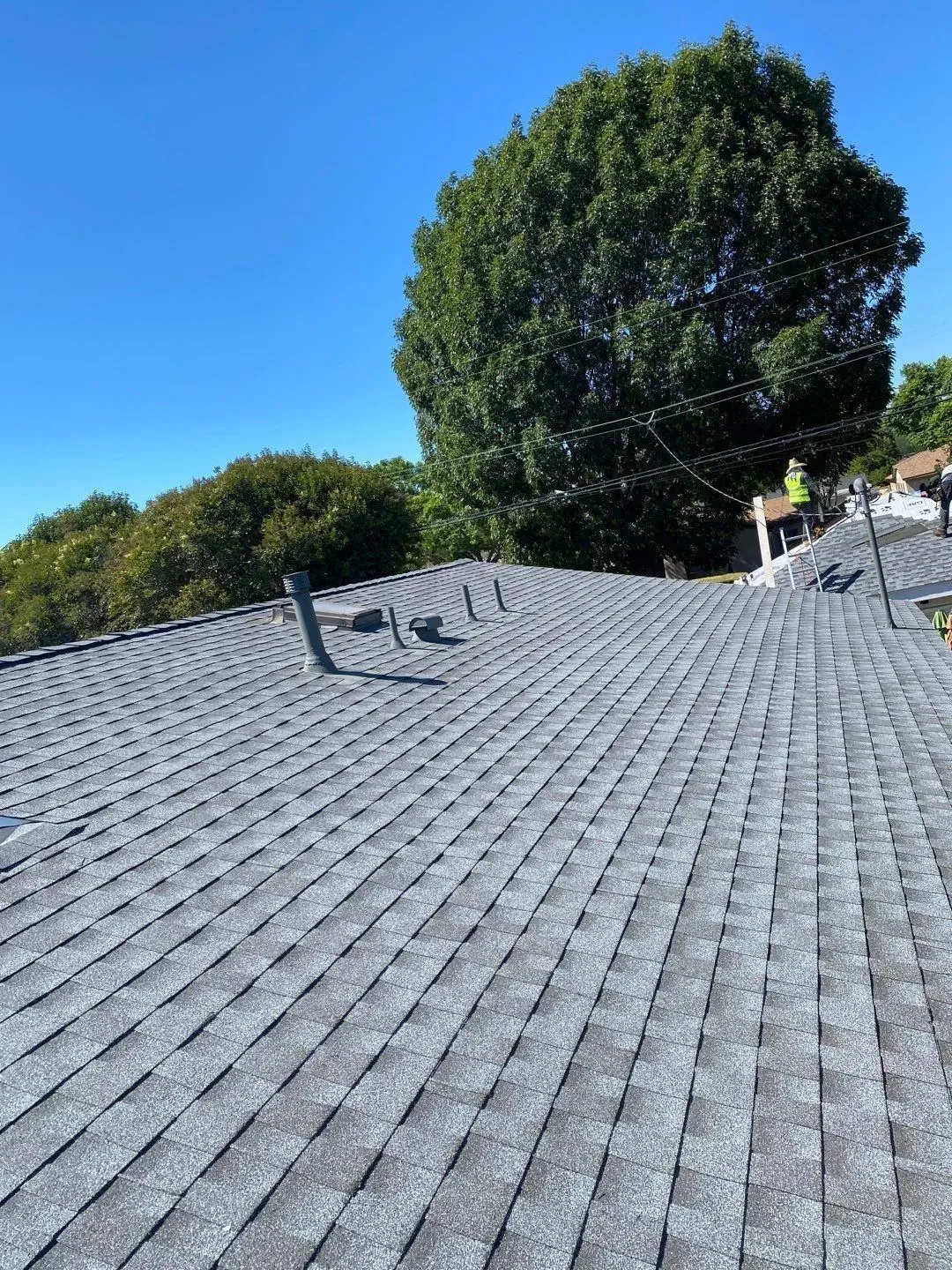 Newly installed gray asphalt shingle roof on a house with trees in the background under a blue sky.