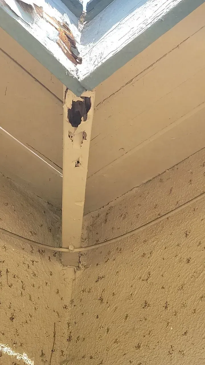 Corner of a building showing peeling paint on trim and a supporting beam, with speckled exterior walls.