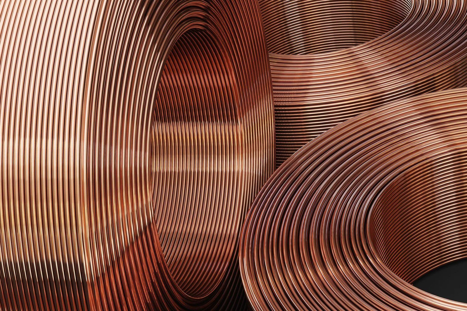 Abstract copper-colored spiraling wire coils forming a textured geometric pattern
