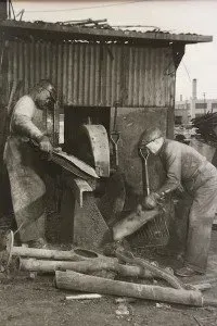 Two workers using a saw to cut logs beside a small wooden shed