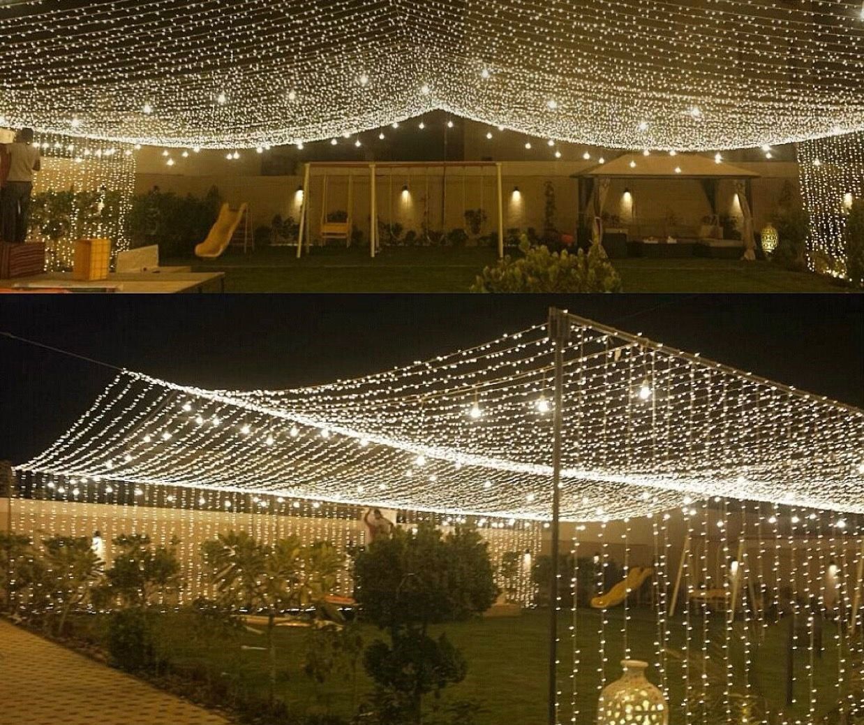 A house is decorated with lots of lights at night.