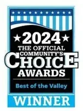 2024 Community's Choice Awards badge: Black, white, and blue design. 
