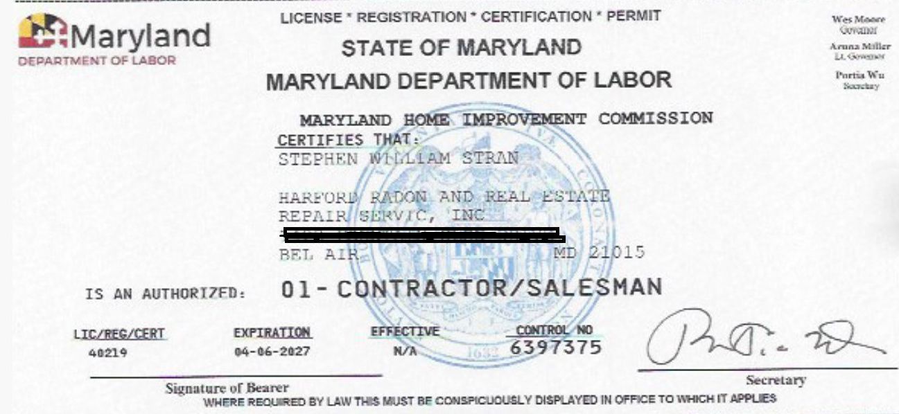 A Maryland Department of Labor license for a contractor / salesman
