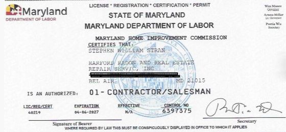 A Maryland Department of Labor license for a contractor / salesman