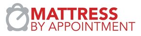 Logo for Mattress By Appointment, featuring a clock icon and red text.