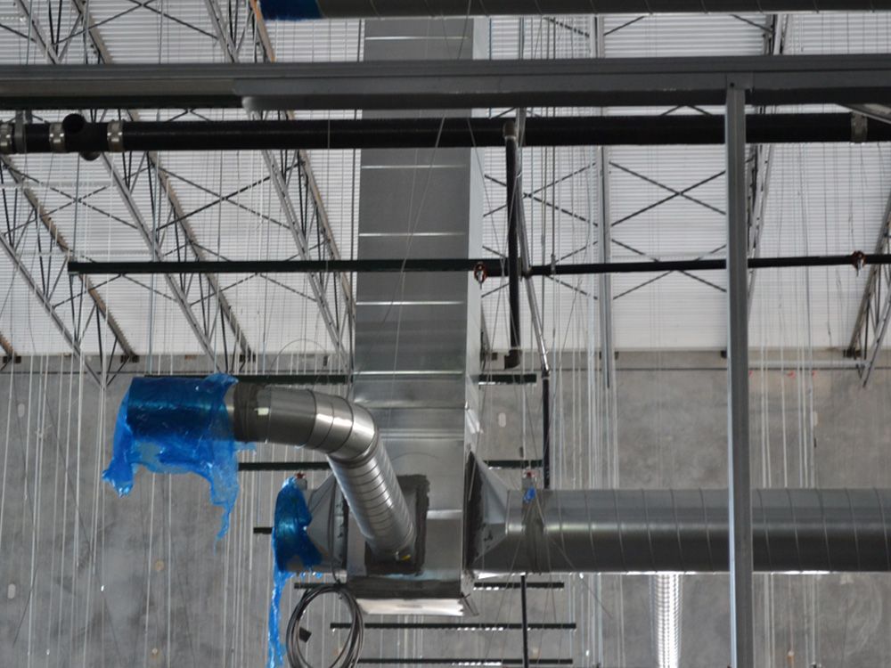 A building with a lot of pipes hanging from the ceiling.