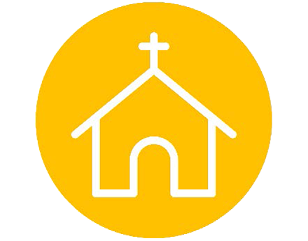 An icon of a church with a cross on top of it in a yellow circle.