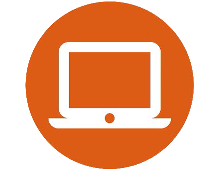 An icon of a laptop computer in an orange circle.
