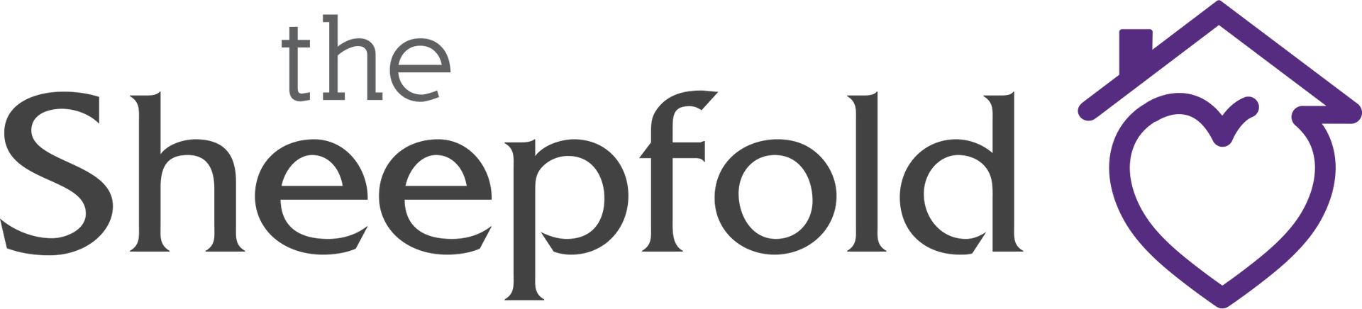 The logo for the sheepfold is purple and white with a heart in the middle.