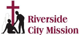 A logo for riverside city mission with a cross and two people