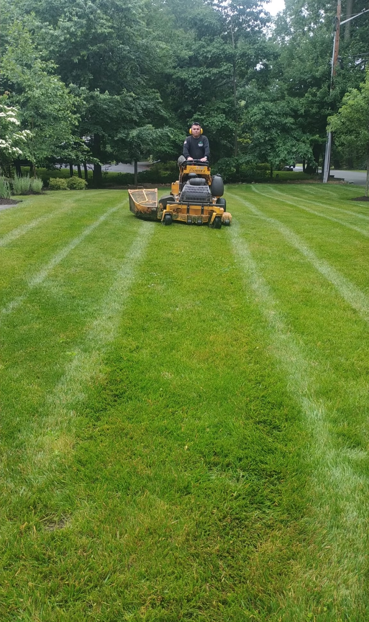 A man is riding a lawn mower on a lush green lawn.