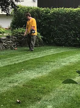A man is mowing a lush green lawn with a lawn mower.