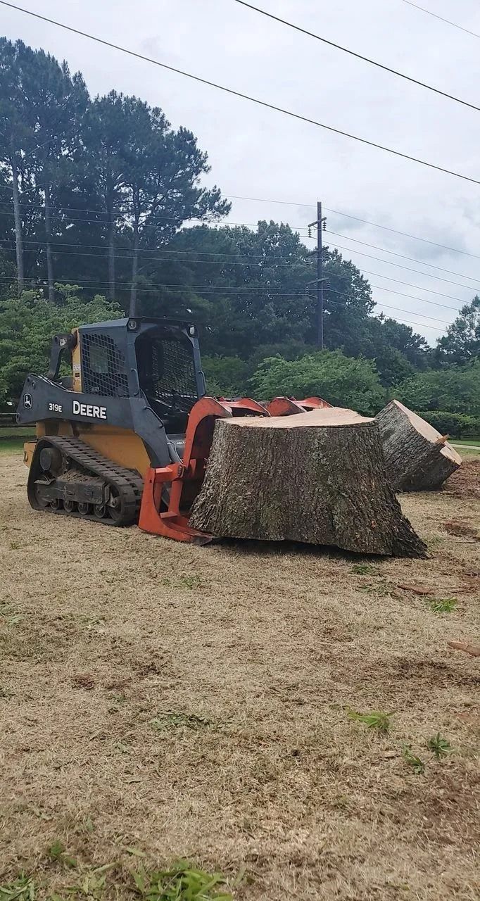 A skid-steer loader uses a grapple attachment to lift and move a large, heavy tree stump in a grassy, open field.