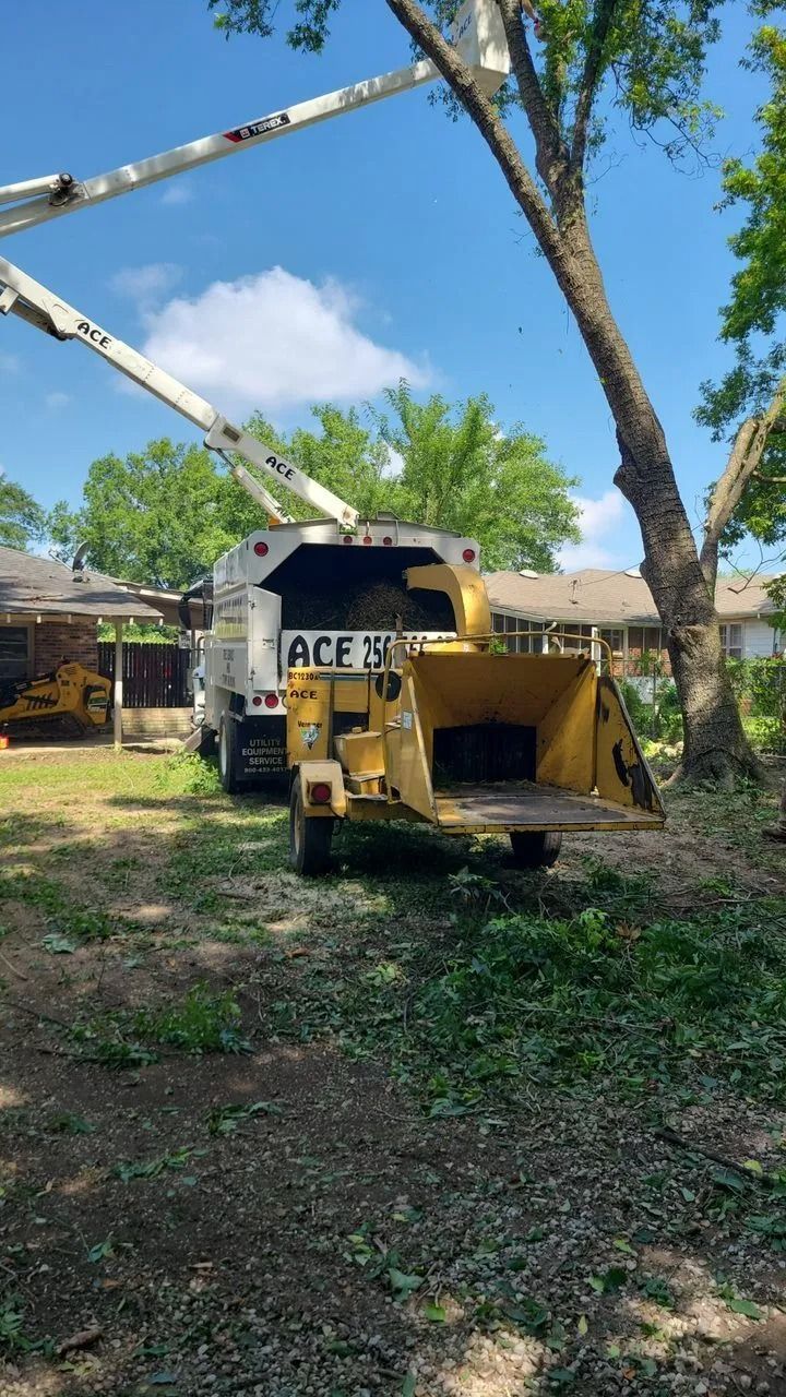 A yellow wood chipper attached to a truck sits in a yard with a raised aerial lift boom, parked near a large tree.