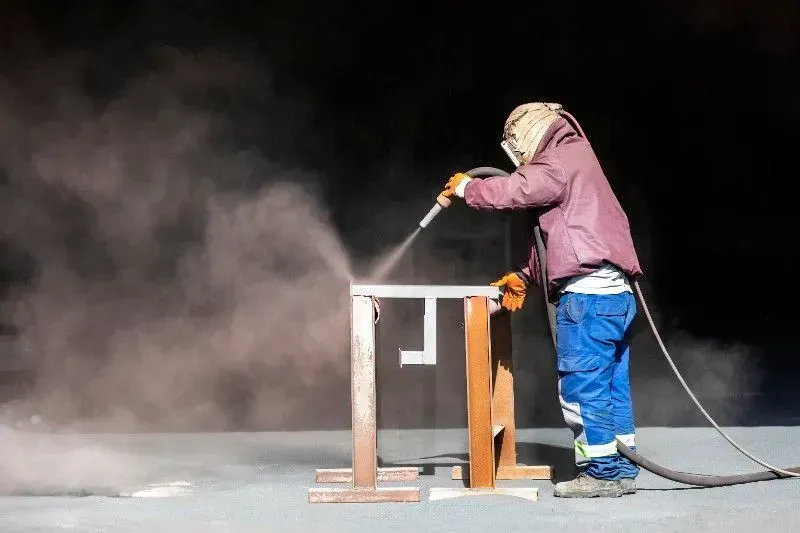 Person in protective gear sandblasting metal frame, with dust in air.