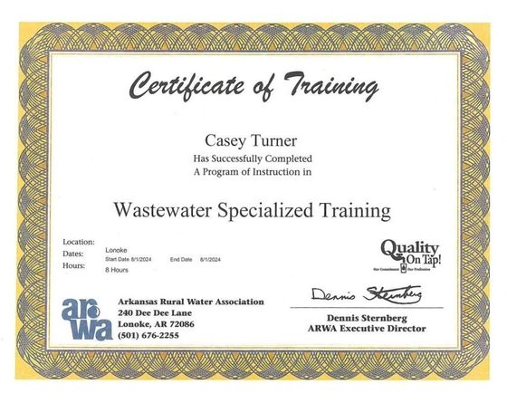 A certificate of training for wastewater specialized training