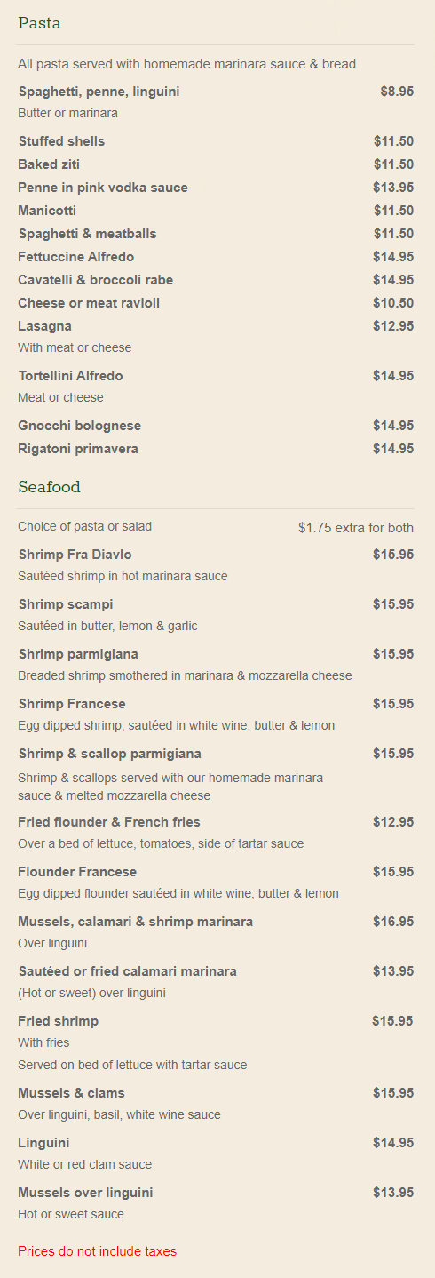 Pasta menu