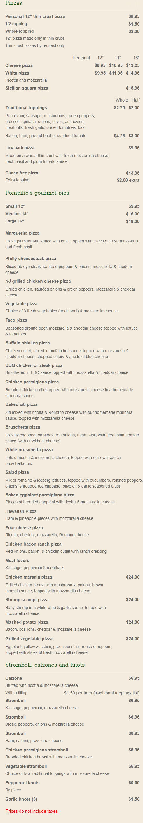 Pizzas menu