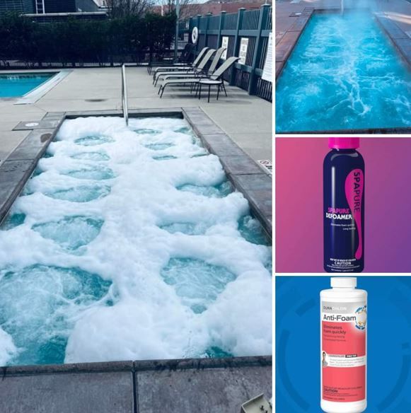 a collage of photos shows a swimming pool filled with foam