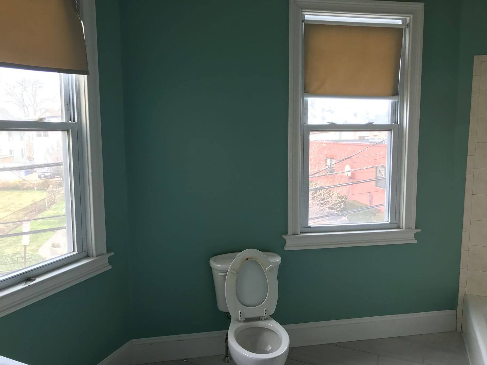 Bathroom with teal walls, two windows with blinds, and a toilet.