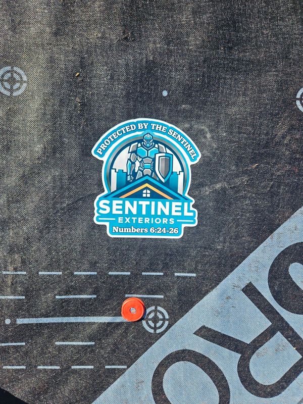 Sentinels Exteriors logo on dark textured fabric with light blue and white design.