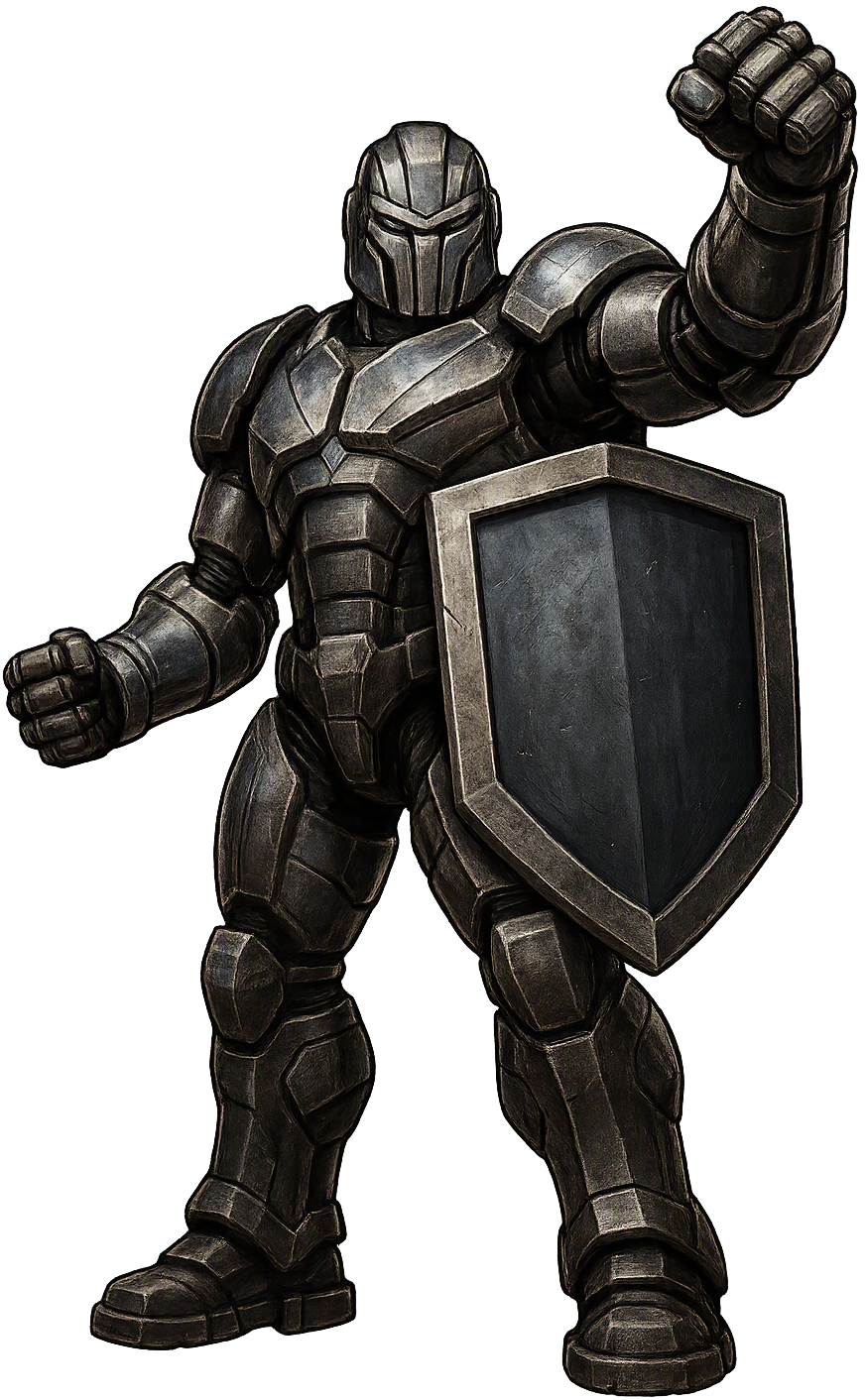 Armored medieval knight holding a shield and raising a fist, standing in a battle-ready pose.