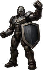 Armored medieval knight holding a shield and raising a fist, standing in a battle-ready pose.