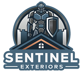 Sentinel Exteriors logo with armored knight above a house roof and shield in blue-gray tones