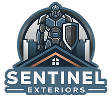 Sentinel Exteriors logo with armored knight above a house roof and shield in blue-gray tones