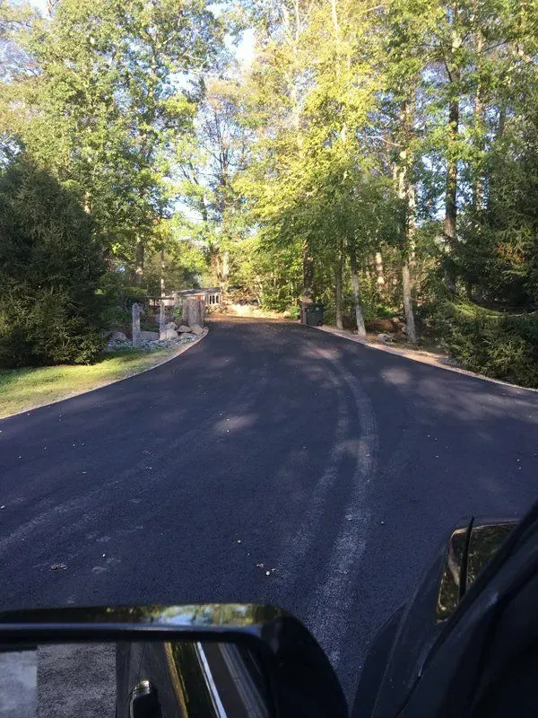 Paved asphalt driveway curves through a wooded area, with green trees on both sides.