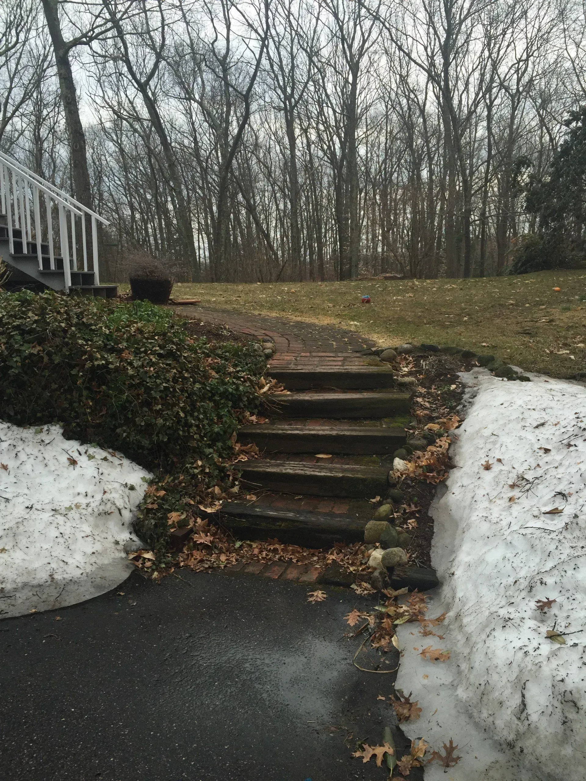 Stone steps leading up a grassy hill, flanked by patches of snow and a shrub.