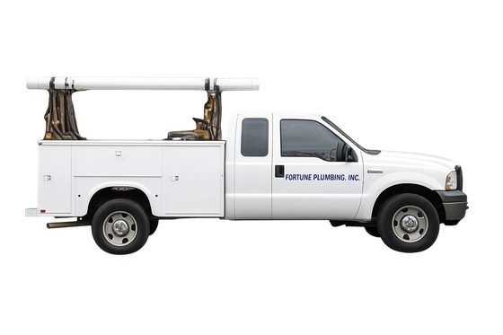 White utility truck with ladder rack and side storage compartments on a plain background