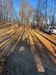 Wooded dirt road with long tree shadows and a parked white truck on the right