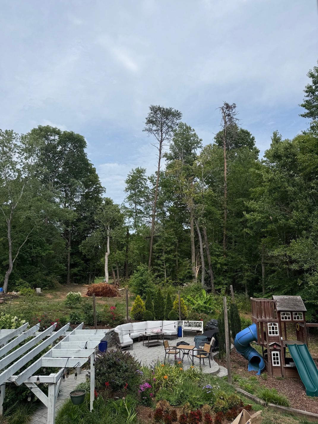 Backyard garden with patio pergola, playset, fire pit, and tall trees under a cloudy sky