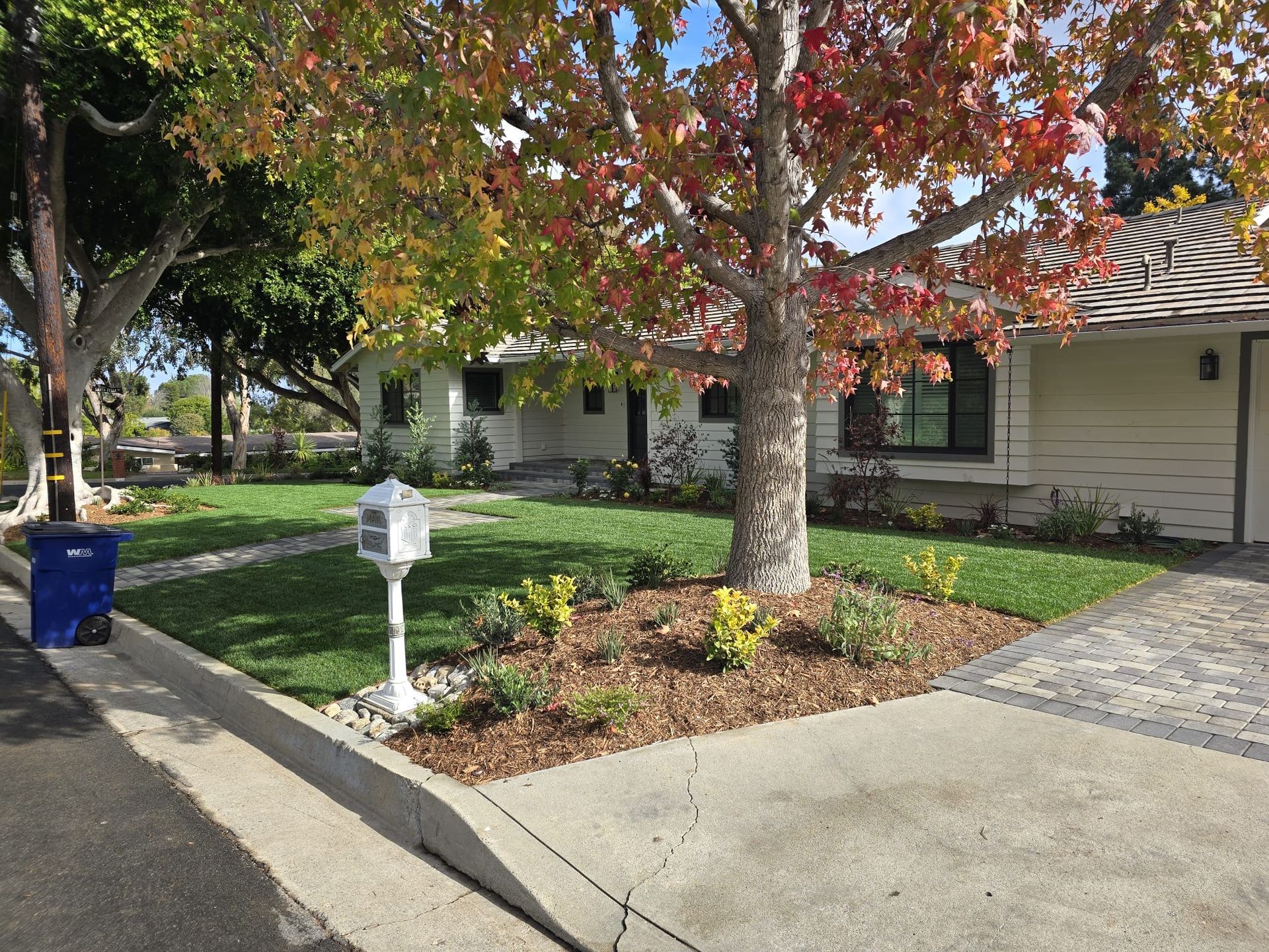 House exterior with manicured lawn and vibrant autumn tree, mailbox, and paved driveway.