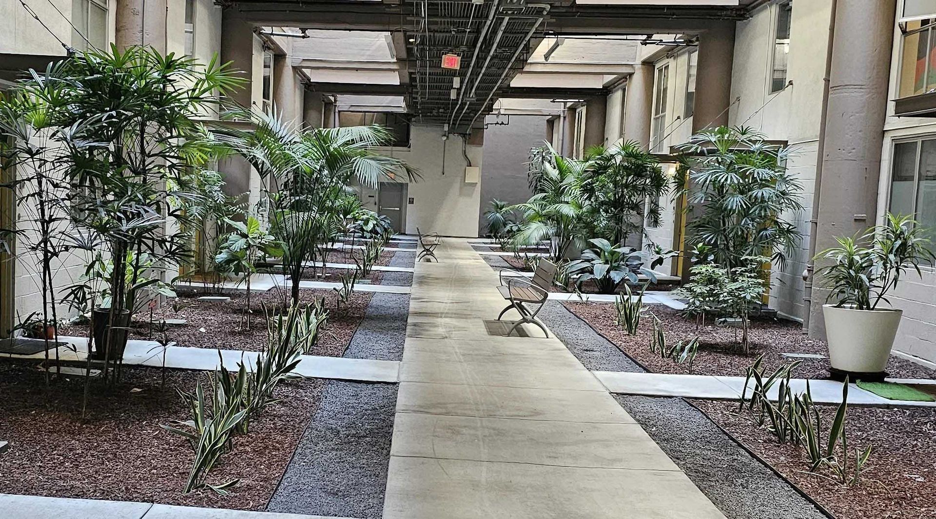 A covered outdoor walkway with trees, plants, and a small table and chairs. Brown mulch lines the walkways and the walls are light-colored.
