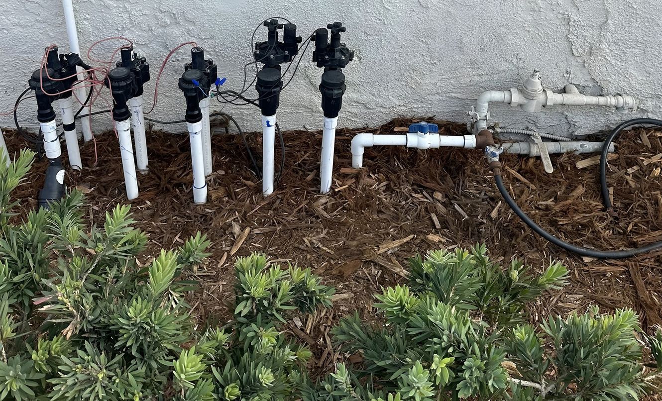 Sprinkler system components installed near a wall and landscaping. Includes valves, pipes, and wiring.