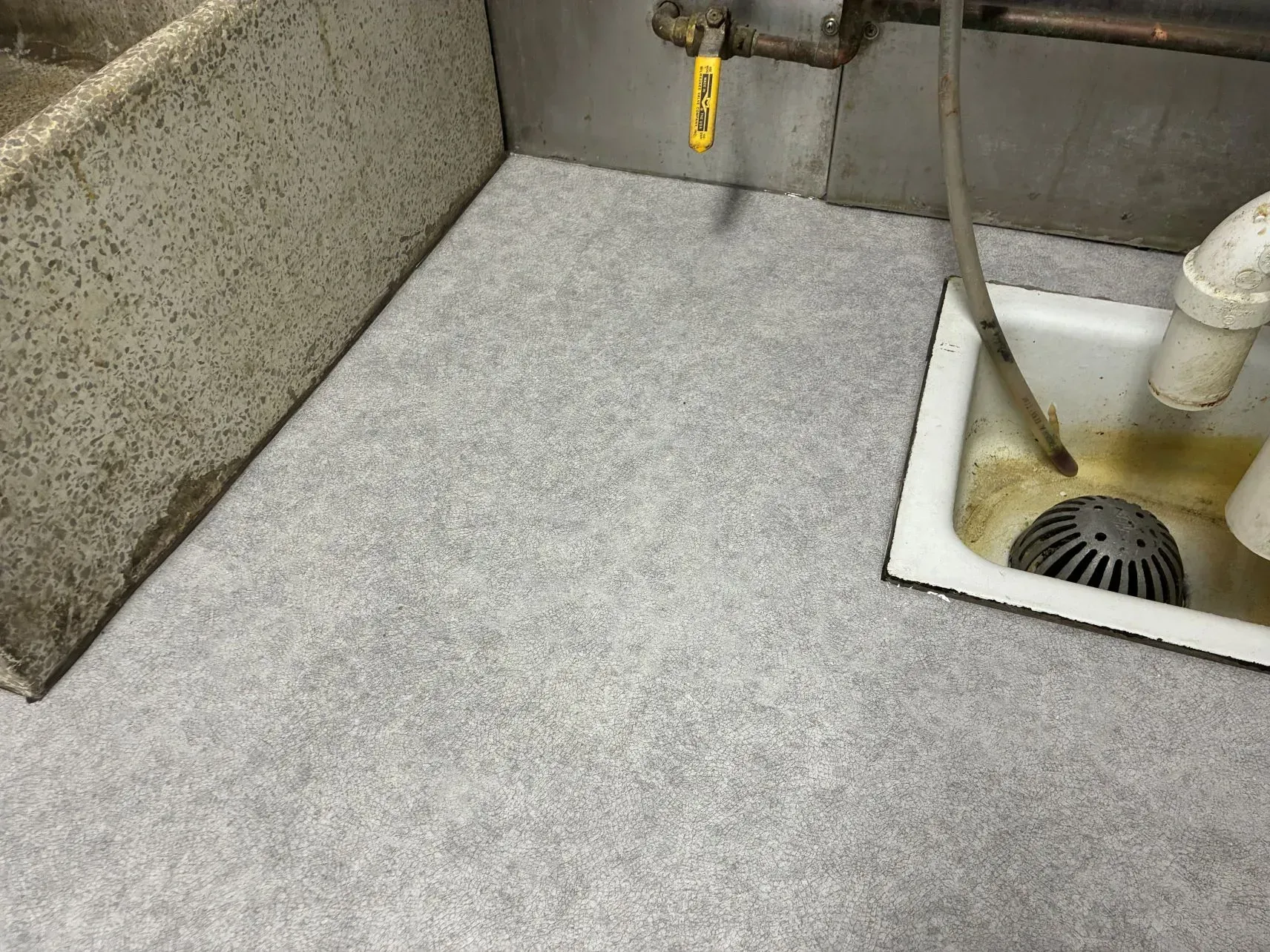 Gray carpeted floor beside a sink drain and white utility pipes in a utility room.