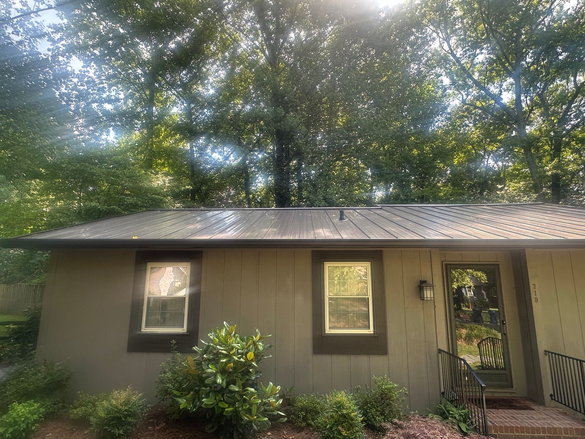A small house with a metal roof is surrounded by trees.