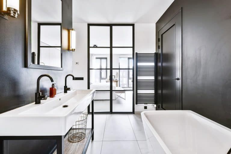Modern black-and-white bathroom with a freestanding tub, double sink, and glass shower doors