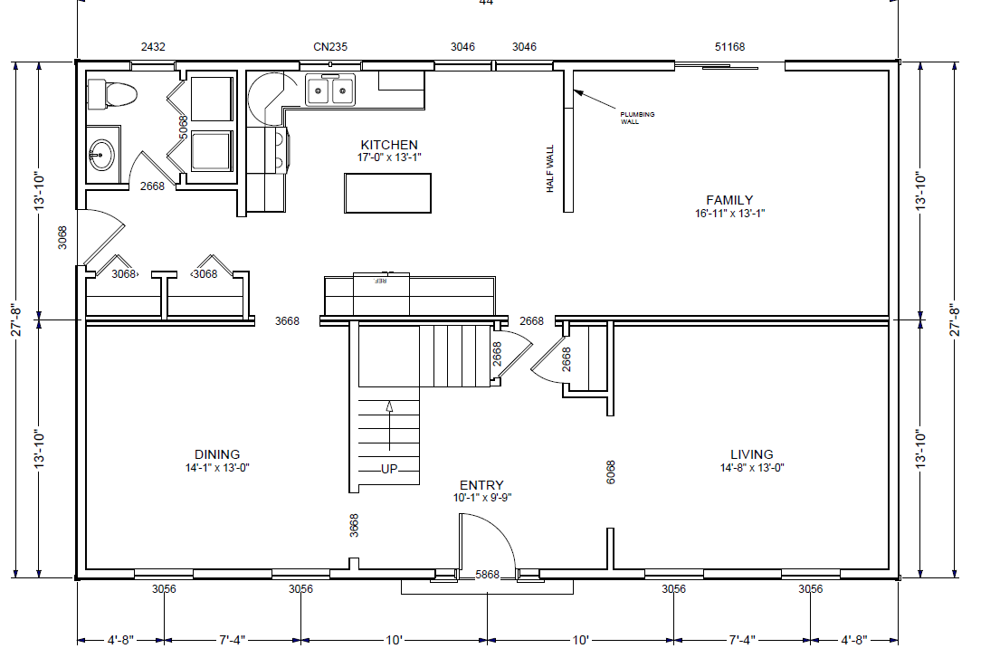 A black and white ground floor plan of a Bedford Colonial home.