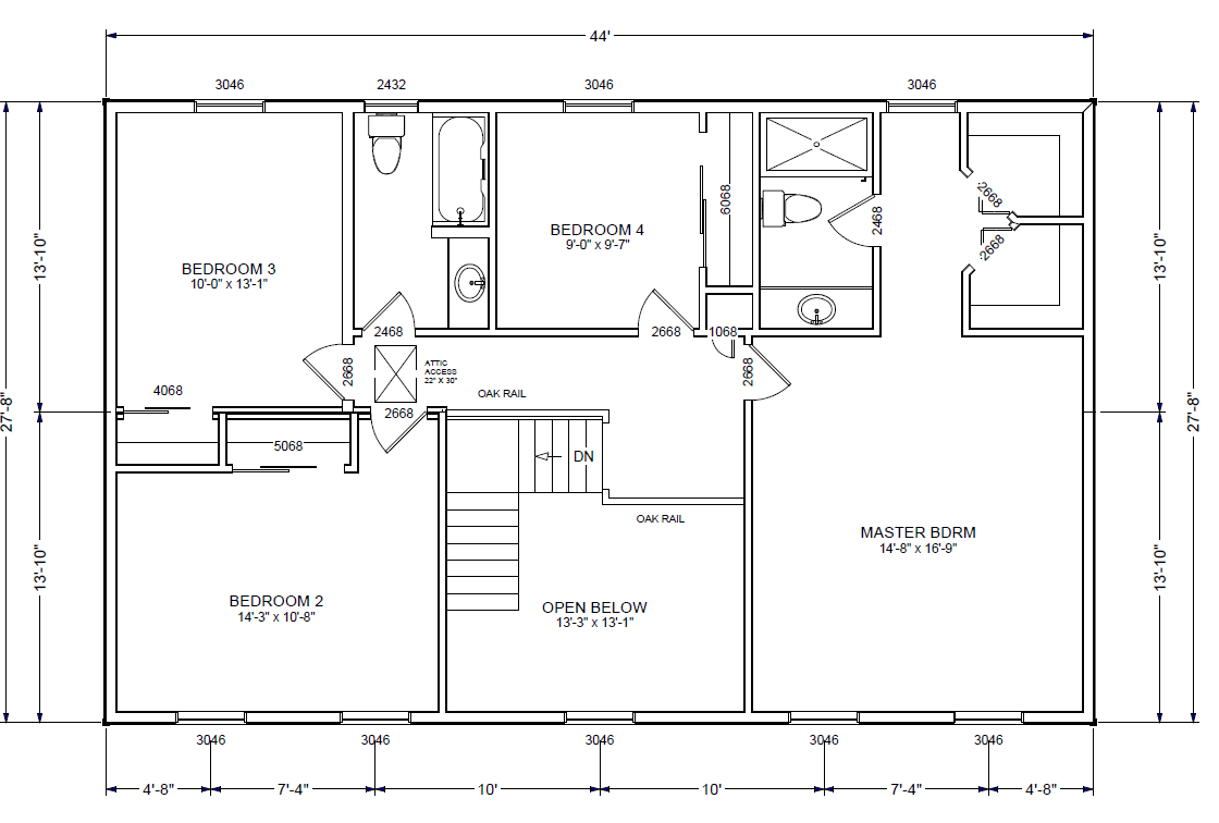 A black and white 2nd-floor plan of a Bedford Colonial home.