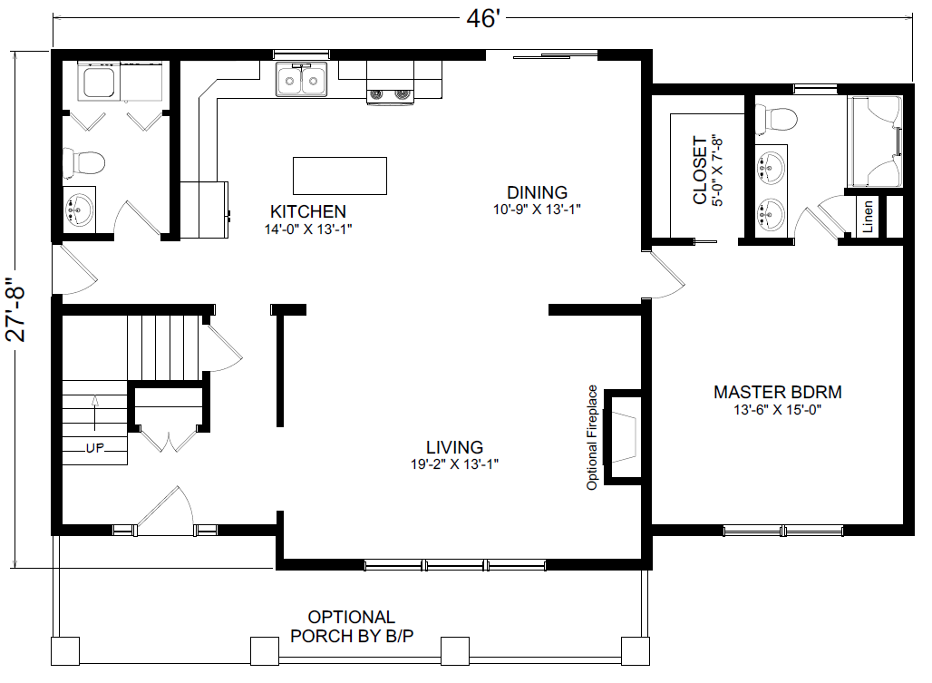 A black and white ground floor plan of a Concord Cape home.